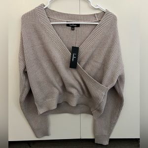 Lulus Cozy Charm Taupe Surplice NWT Small Sweater